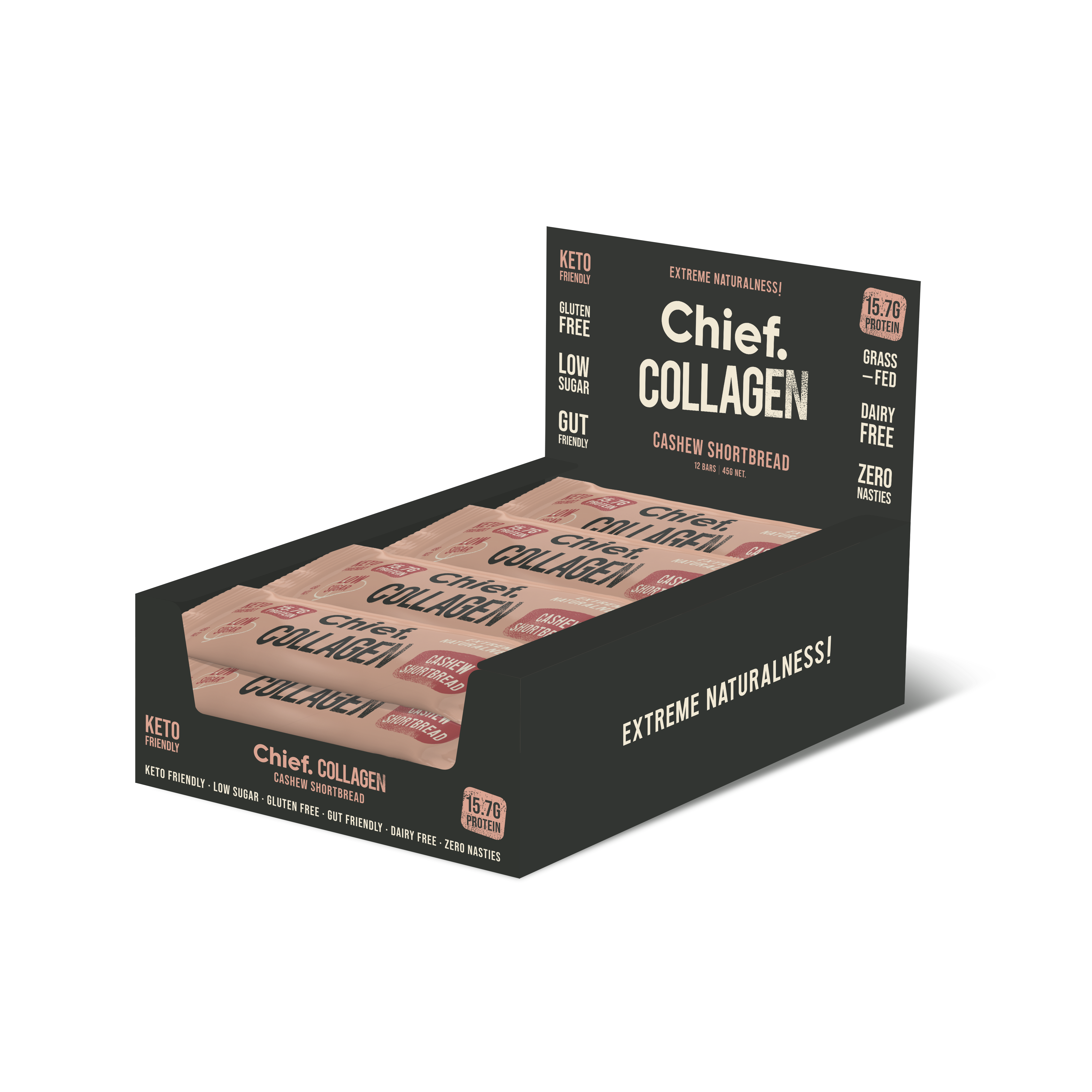 Chief Collagen Protein Bar Cashew Shortbread display box featuring gluten-free and low-sugar nutrition bars.