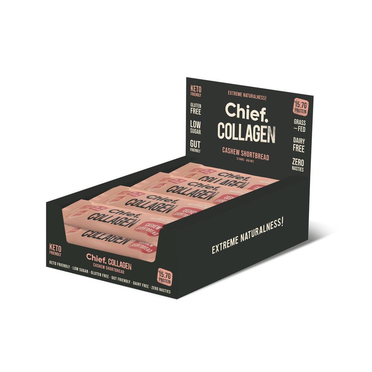 Chief Collagen Protein Bar Cashew Shortbread display box featuring gluten-free and low-sugar nutrition bars.