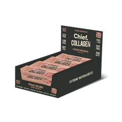 Chief Collagen Protein Bar Cashew Shortbread display box featuring gluten-free and low-sugar nutrition bars.