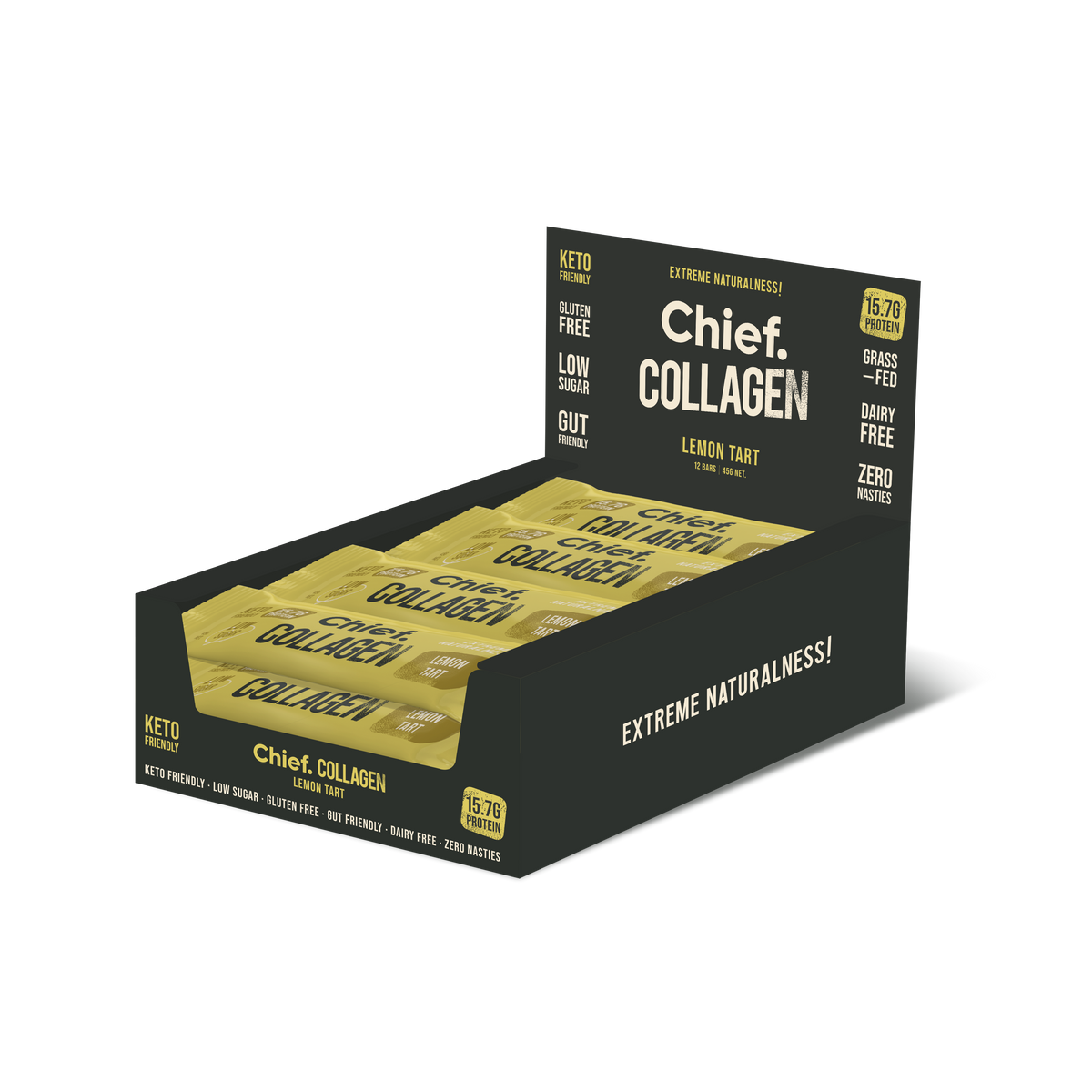 Chief collagen protein bar lemon tart display box featuring 12 bars in lemon tart flavor.