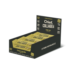 Chief collagen protein bar lemon tart display box featuring 12 bars in lemon tart flavor.