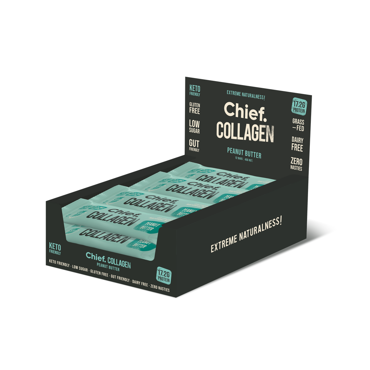 Chief collagen protein bars peanut butter display box with twelve bars showcasing extreme naturalness.
