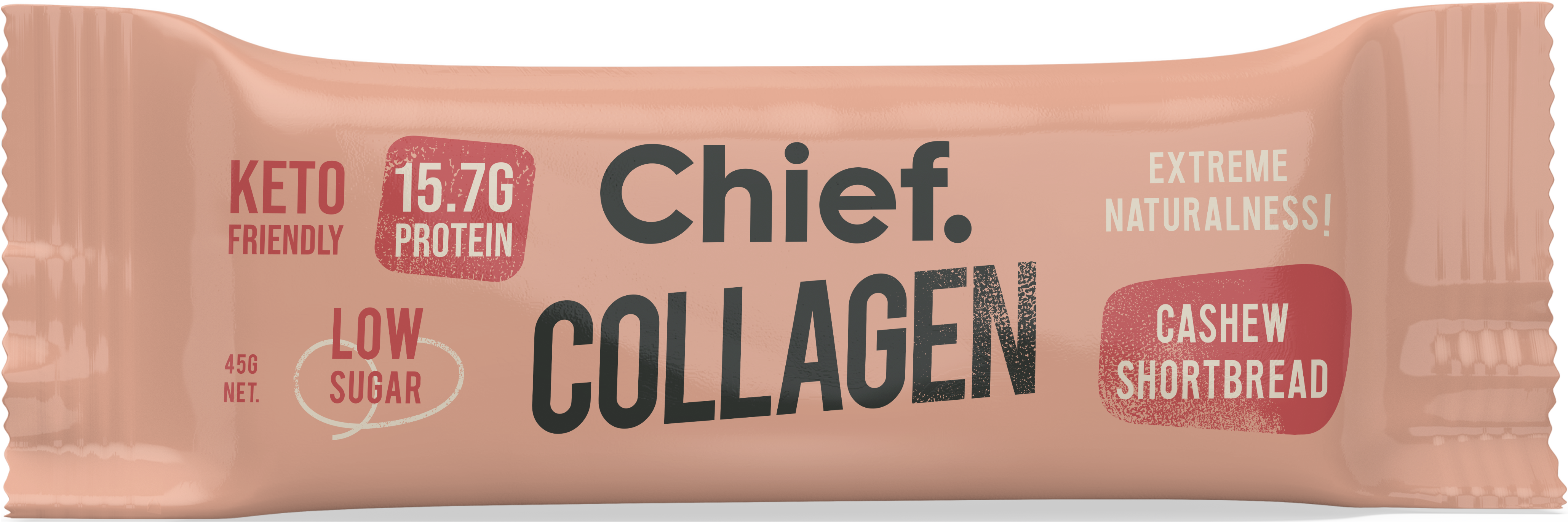Chief Collagen Protein Bar Cashew Shortbread packaging showing keto friendly, low sugar, and 15.7g protein features.