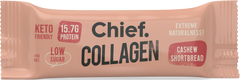 Chief Collagen Protein Bar Cashew Shortbread packaging showing keto friendly, low sugar, and 15.7g protein features.