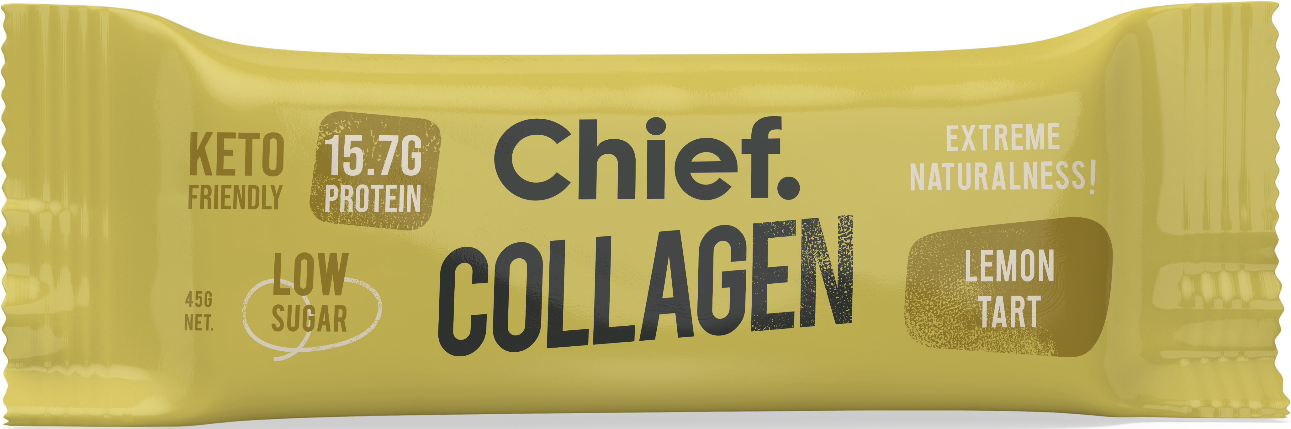Chief collagen protein bar lemon tart packaging featuring keto-friendly, low sugar, and 15.7g protein.