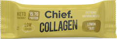 Chief collagen protein bar lemon tart packaging featuring keto-friendly, low sugar, and 15.7g protein.