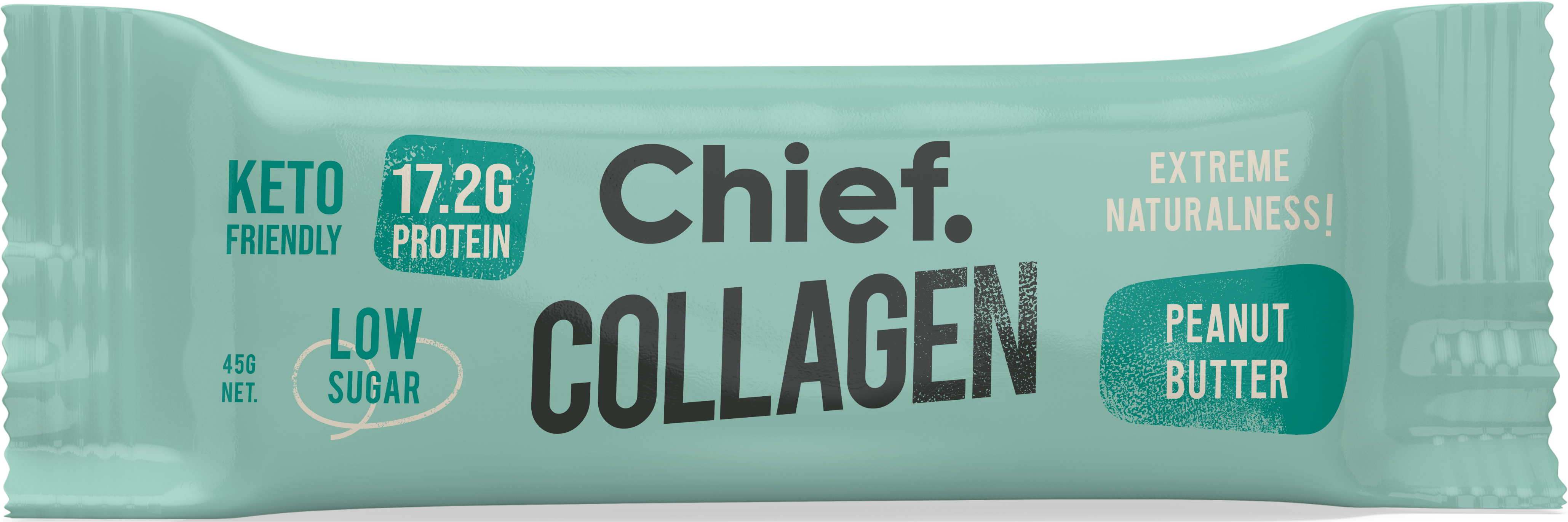 Chief collagen protein bars peanut butter packaging with keto friendly and low sugar labels.