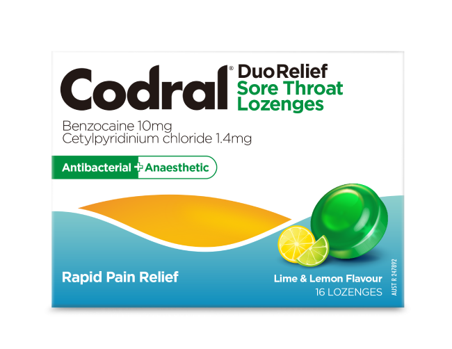 Codral DuoRelief Sore Throat Lozenges Lime & Lemon 16 lozenges codral lozenges,cold and flu,cold&flu,issues,numbing and antibacterial,painful throat,sore throat