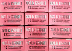 Gold Knight Strawberry Condoms 144 pack displayed in multiple boxes, showcasing premium protection.