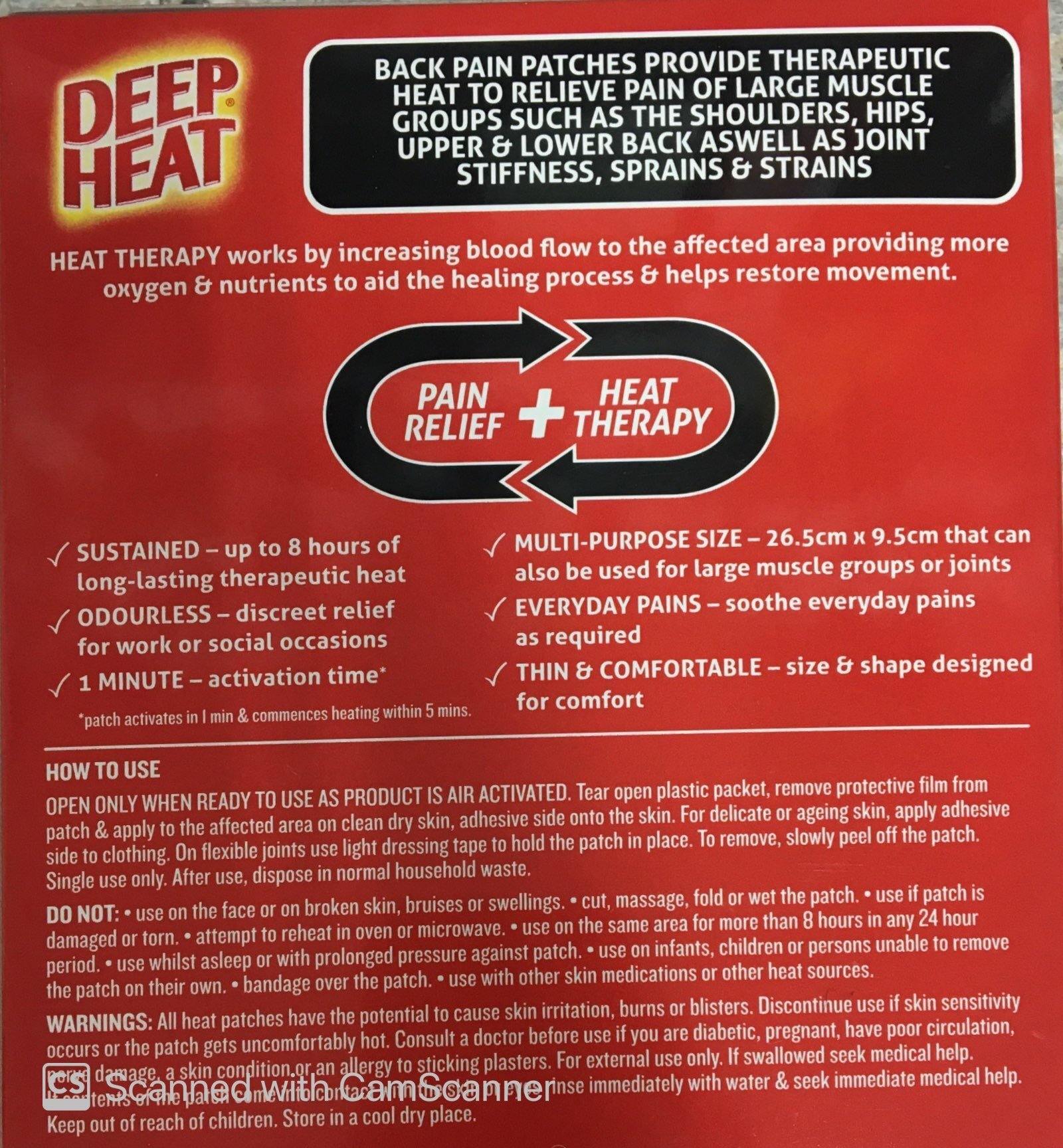 Deep Heat Back Patches Odourless 2's back patch,deep heat,deep heat patch,heat,issues,pain