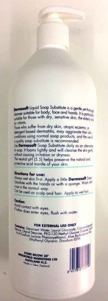 Dermasoft Liquid Soap Substitute 1 Litre bottle, gentle soap substitute for sensitive skin, suitable for body, face, hands, and scalp.