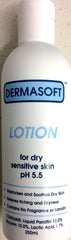 Dermasoft dry sensitive skin lotion pH 5.5 bottle, 250 ml for moisturizing dry skin and relieving itchiness.