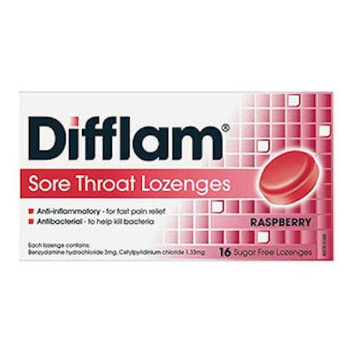 Difflam sore throat lozenges 16 Raspberry flavour sugar free cold,cold &flu,cold lollies,issues,sore throat,strepsils,throat pain