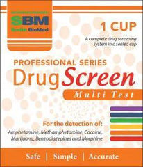 SBM Multi Drug Integrated Cup Test packaging, highlighting its drug screening capabilities and detection of various substances.