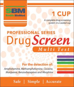 SBM Multi Drug Integrated Cup Test packaging, highlighting its drug screening capabilities and detection of various substances.