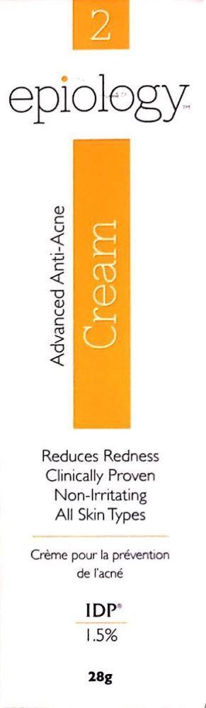 Epiology Advanced Anti-Acne Cream 28g packaging with anti-redness and non-irritating benefits.