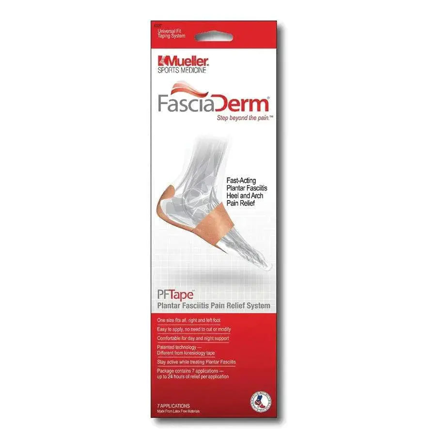 Plantar Fasciitis Tape relief tape package for effective pain relief and support, features FasciaDerm PF Tape System.