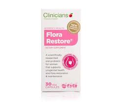 Clinicians Flora Restore 30 Capsules for probiotics for vaginal health, supporting flora balance and urinary health.