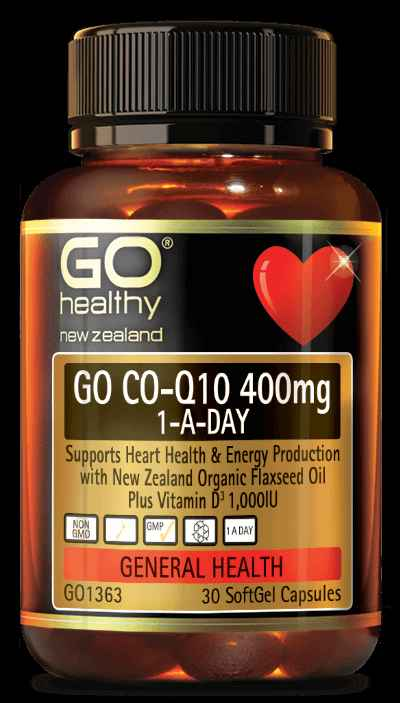Go Healthy CoQ10 400mg capsules in a bottle, supports heart health and energy production, 1-A-DAY SoftGel.