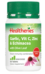 Healtheries immune support garlic vitamin C zinc echinacea 60 tablets dietary supplement bottle.