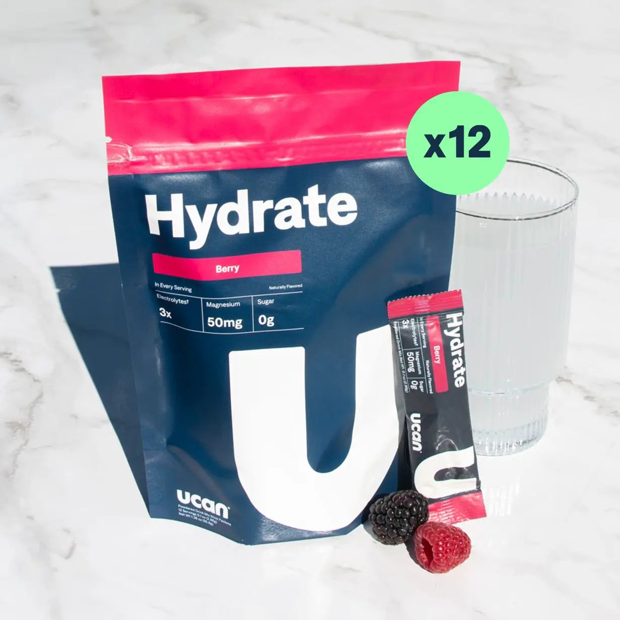 UCAN Hydrate Electrolyte Sachets Berry Box of 12 | Zero Sugar Electrolyte Packets