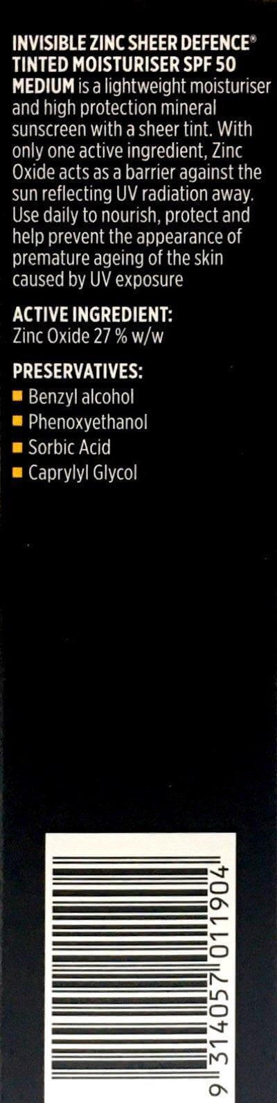 Invisible Zinc Sheer Defence SPF50 Tinted Moisturiser 50gm-Medium invisible zinc,issues,sheer defence,spf 50,sunscreen