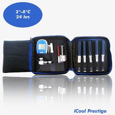 iCool Prestige insulin cooler box displaying compartments for medications and temperature control features.