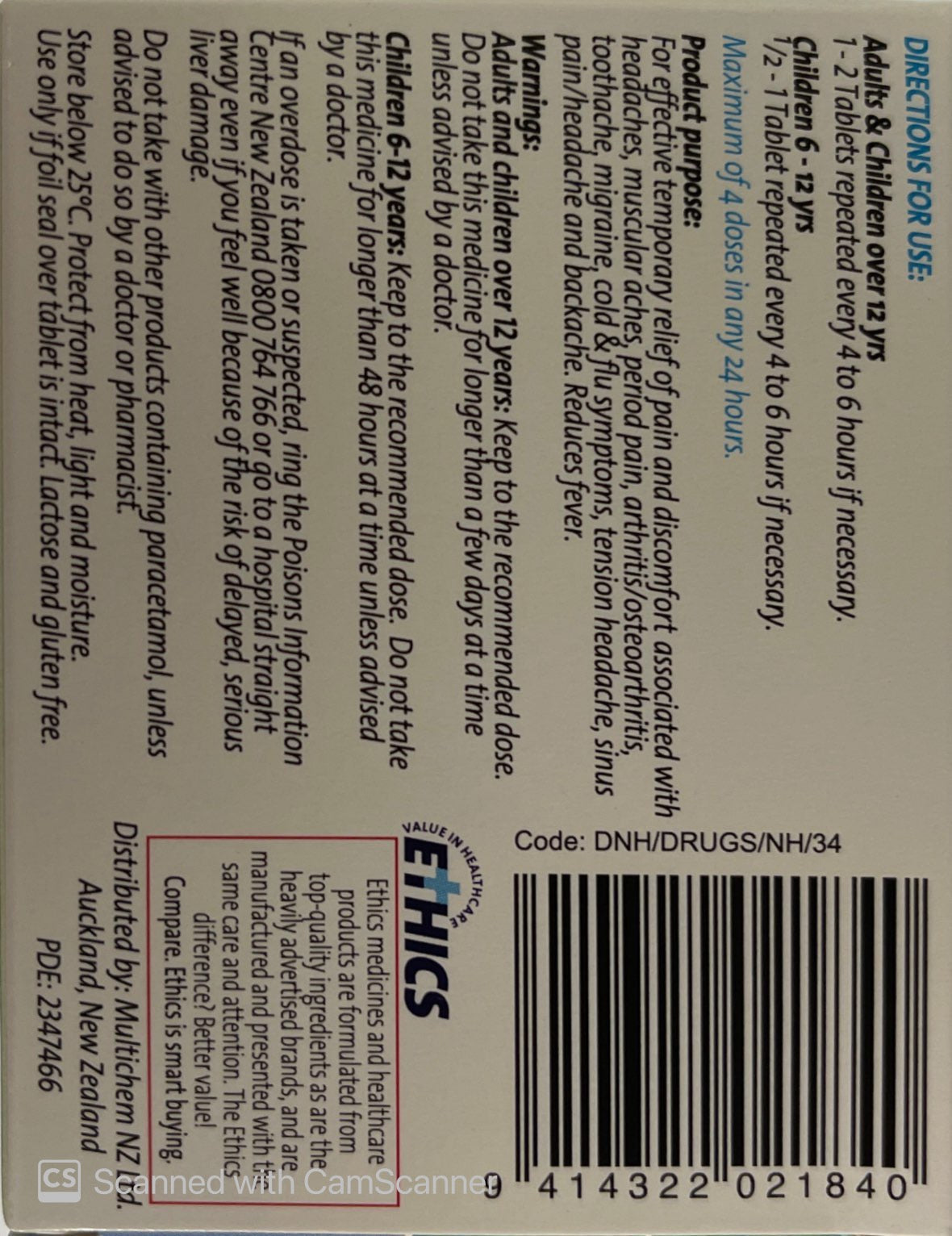 Ethics Paracetamol 500 mg 20 tablets cold,covid,fever,flu,issues,pain,panadol,paracetamol