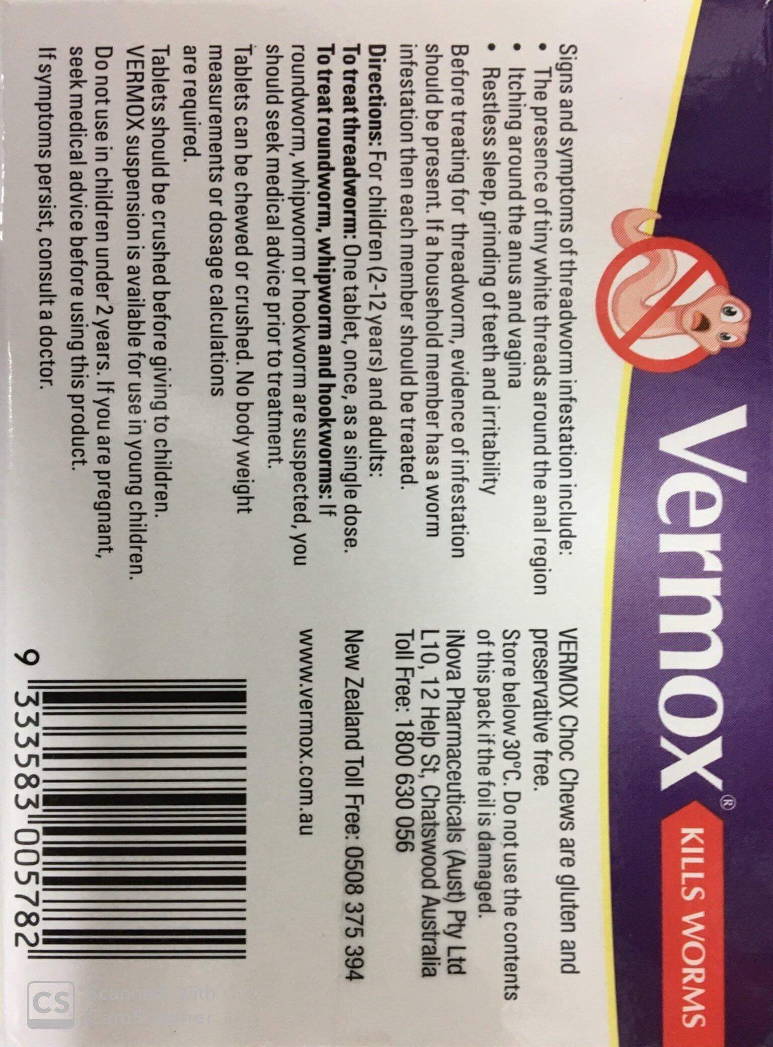 Vermox 4 chocolate chews issues,thread worm,threadworm,vermox,vermox choc tablets