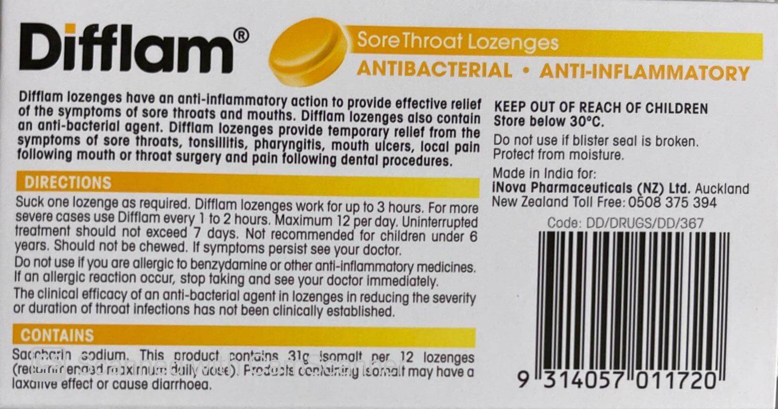 Difflam Sore Throat 16 Lozenges Honey and Lemon codral,cold,difflam,issues,sore,sore throat