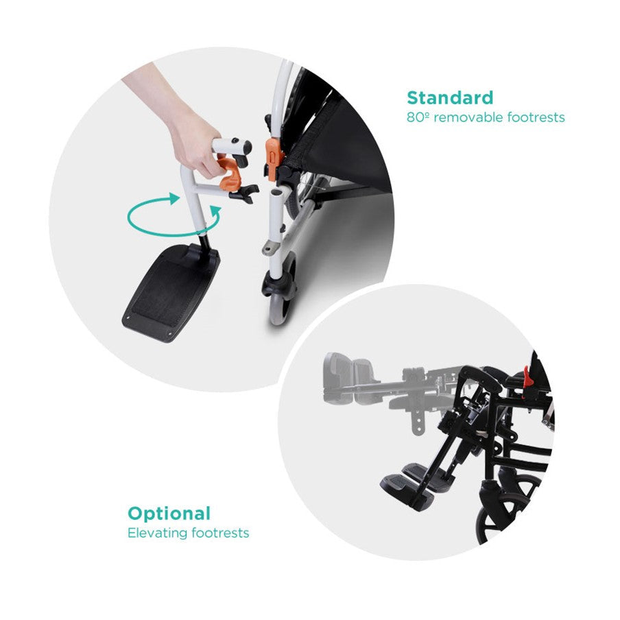 Karma Agile self-propelling wheelchair showing standard 80° removable footrests and optional elevating footrests
