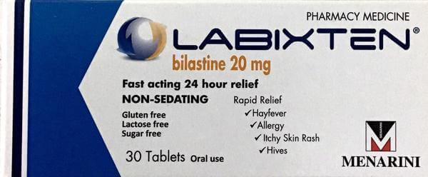 Labixten allergy relief tablets packaging, 20mg, 30 tablets, non-sedating antihistamine for fast relief of hayfever and allergy.