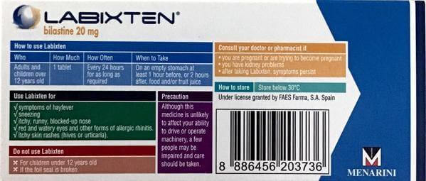 Labixten allergy relief tablets instructions and precautions for use - 20mg packaging information.