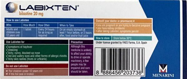 Labixten For Hayfever, Allergy, Itchy Skin - 20mg 30 Tablets  Pharmacy Medicine - DominionRoadPharmacy