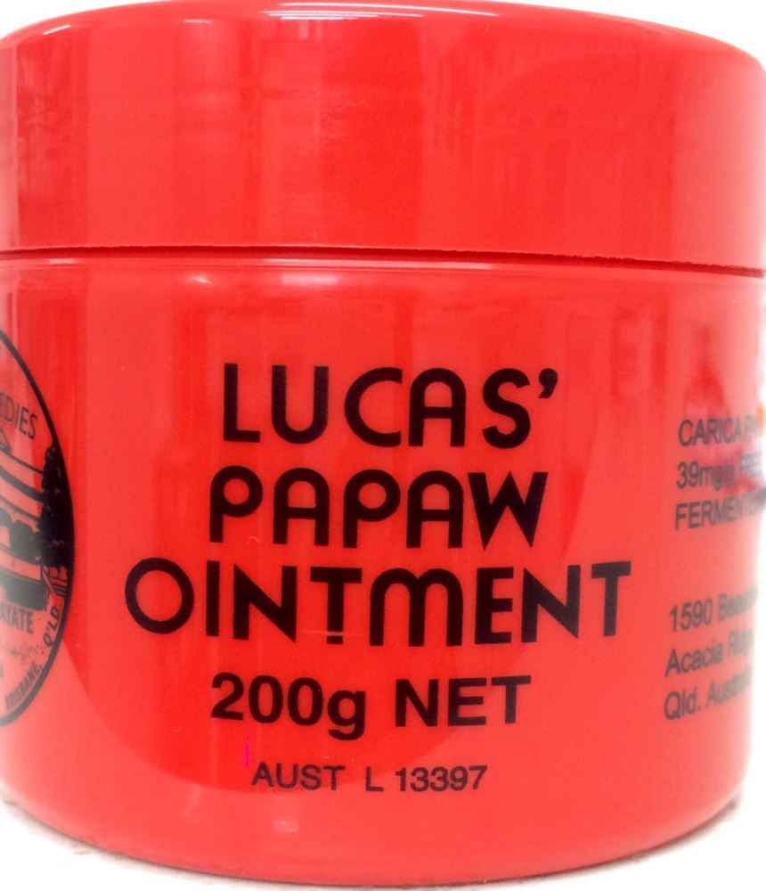 Lucas Papaw Ointment 200g jar showcasing its vibrant packaging and labeling with key benefits.