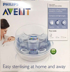 Philips Avent steam steriliser for safe cleaning of baby bottles, compact and lightweight design, BPA free.