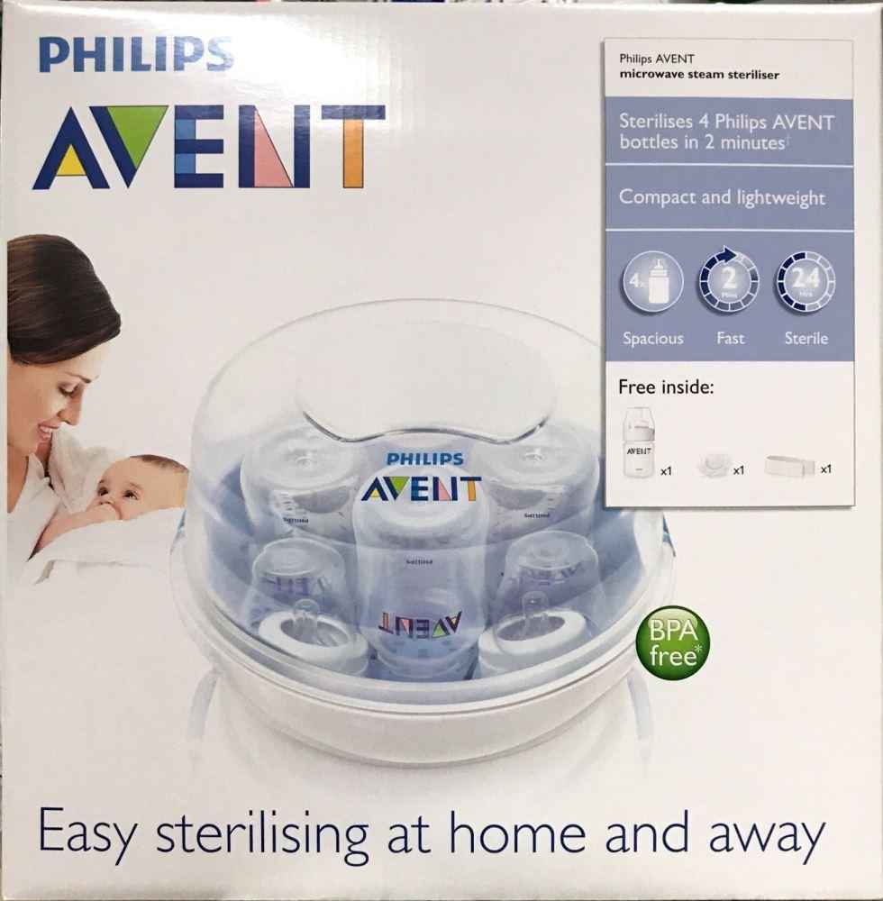 Philips Avent steam steriliser for easy sterilising of baby bottles at home and away, BPA free, compact and lightweight.
