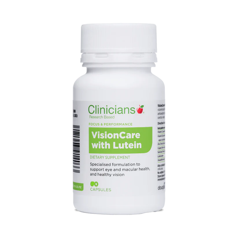 Clinicians Visioncare capsules bottle with Lutein, designed for eye and macular health support.