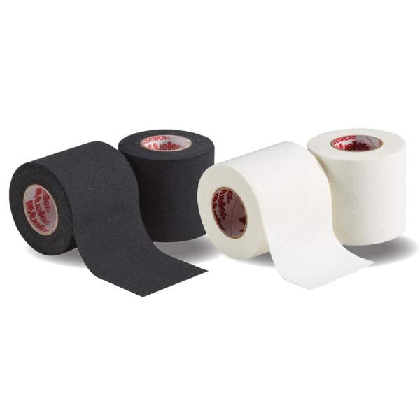 Mueller lightweight spatting tape in black and white rolls, perfect for securing cleats and padding.