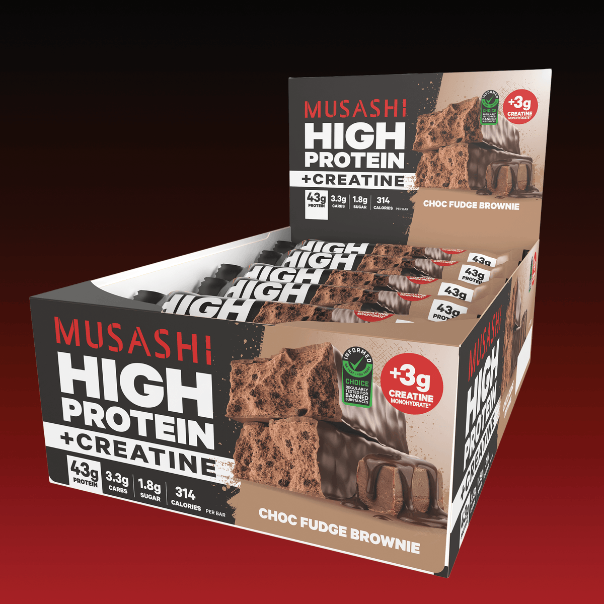 Musashi High Protein + Creatine Bar Choc Fudge Box 12 x 90g – High Protein Snack Bar