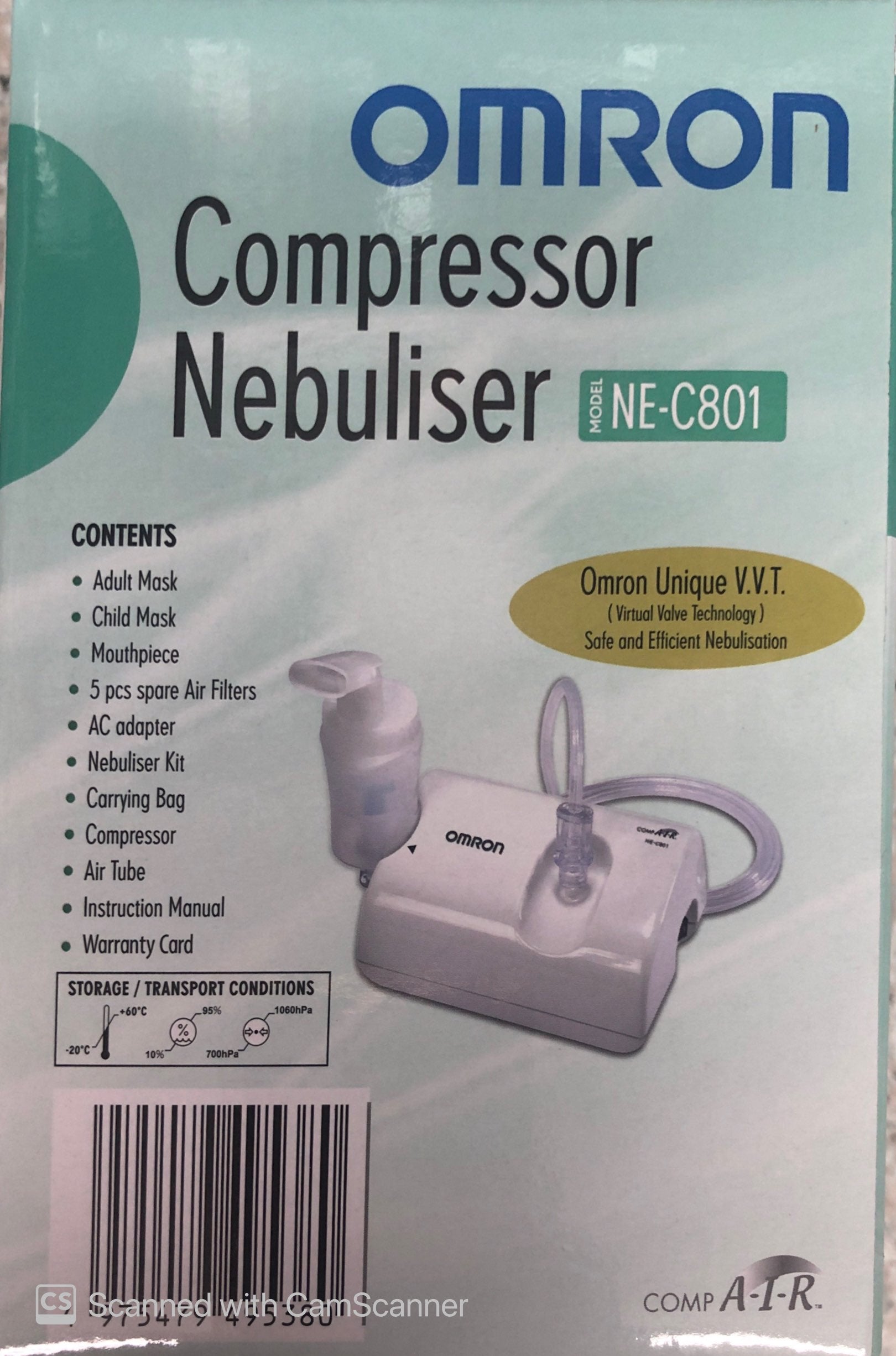 Omron NEC 801 nebuliser packaging displaying features and accessories for effective respiratory treatment.