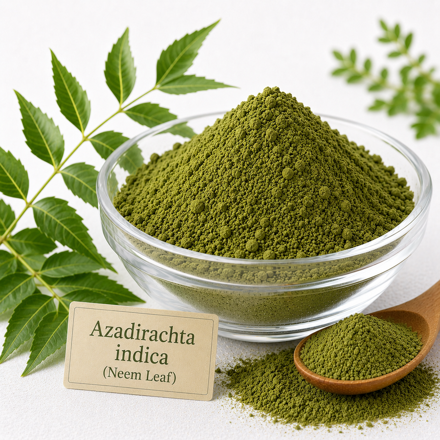 Green neem leaf powder in a glass bowl with fresh neem leaves