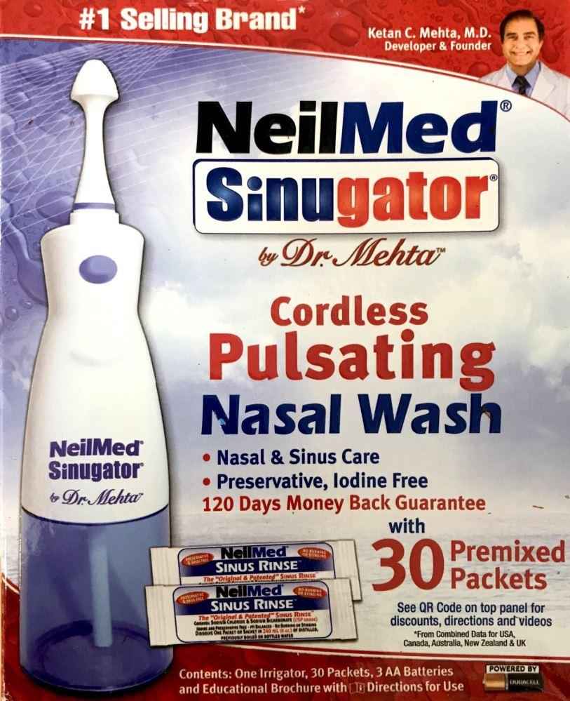 Neilmed Sinugator Cordless Pulsating Nasal Wash with 30 premixed packets for nasal hygiene and sinus relief.