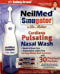 Neilmed Sinugator Cordless Pulsating Nasal Wash with 30 premixed packets for nasal hygiene and sinus relief.