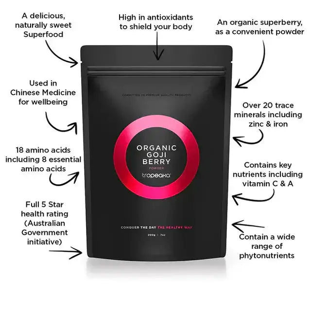 Tropeaka Goji Berry Powder 200 gm 10 immune-supporting Superfoods,anthocyanins,antioxidants,beneficial cleansing,boost energy production,Boosts collagen,Chinese Medicine,Chinese Medicine for wellbeing,Contains key nutrients including vitamin C &amp; A,exo