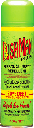 Bushman PLUS Aerosol 20% DEET With Sunscreen 150gm beach,bushman,insect,insect bite,insect repellant,insect repellant with sunblock,issues,itchy,itchy bites,mosquitoes,outdoor,park,sandflies,sunscreen
