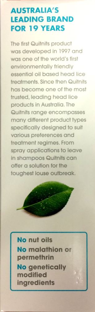 Quitnits head lice treatment packaging information showing brand details and ingredients.