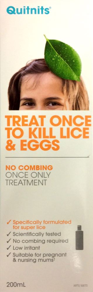 Quitnits head lice treatment 200ml packaging, features no combing, scientifically tested, kills lice and eggs.