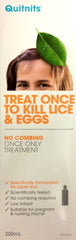 Quitnits head lice treatment 200ml packaging, features no combing, scientifically tested, kills lice and eggs.