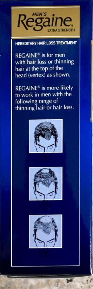 Regaine Men's Extra Strength Minoxidil 5% treatment for hair loss diagram showing stages of thinning hair in men.